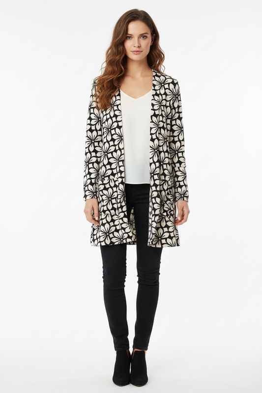 LuLaRoe Caroline A-Line Cardigan with Pockets • Black and White Flowers