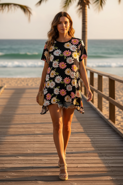 LuLaRoe Melissa • Shark Bite Hem Tunic Top • Black White Pink Jumbo Daisies