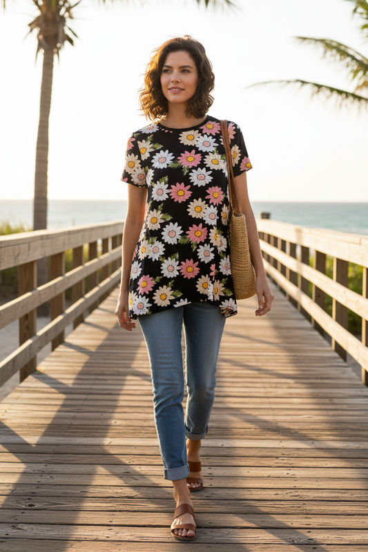 LuLaRoe Melissa • Shark Bite Hem Tunic Top • Black White Pink Jumbo Daisies