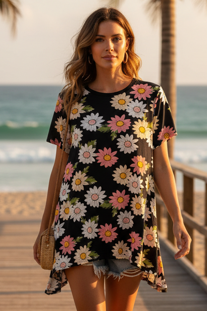 LuLaRoe Melissa • Shark Bite Hem Tunic Top • Black White Pink Jumbo Daisies