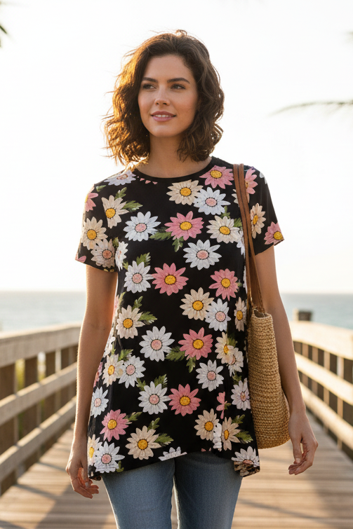 LuLaRoe Melissa • Shark Bite Hem Tunic Top • Black White Pink Jumbo Daisies
