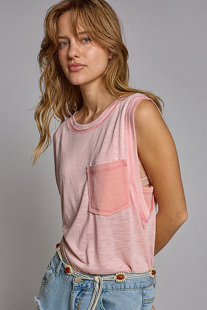 POL • Round Neck Sleeveless Pocket Front Solid Top in Blush