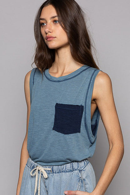 POL • Round Neck Sleeveless Pocket Front Solid Top in Denim