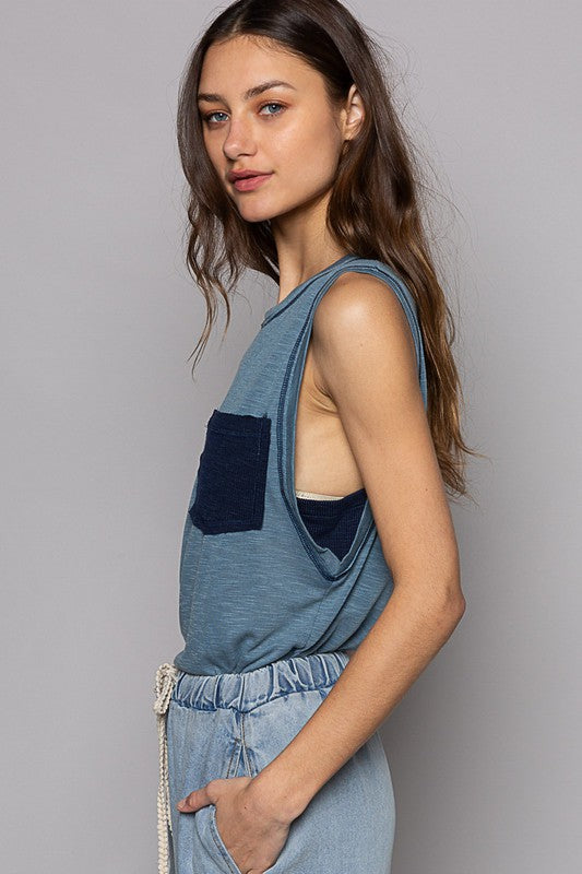 POL • Round Neck Sleeveless Pocket Front Solid Top in Denim