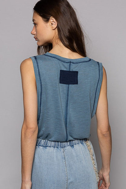 POL • Round Neck Sleeveless Pocket Front Solid Top in Denim