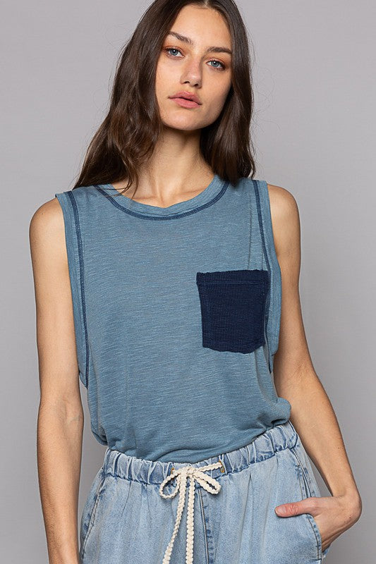 POL • Round Neck Sleeveless Pocket Front Solid Top in Denim