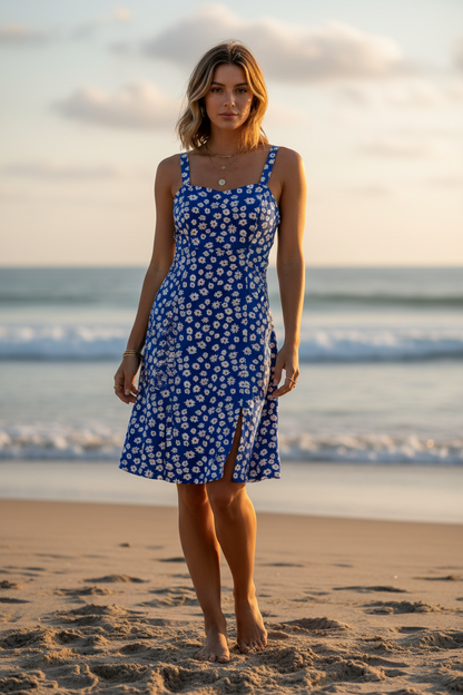 LuLaRoe Navy Cross Back Dress with Side Seam Pockets • Blue White Small Daisies