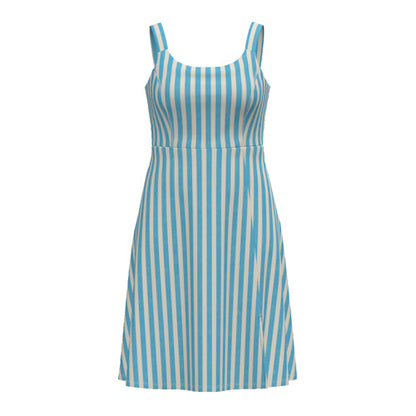 LuLaRoe Navy Cross Back Dress with Side Seam Pockets • Blue Cream Vertical Stripe