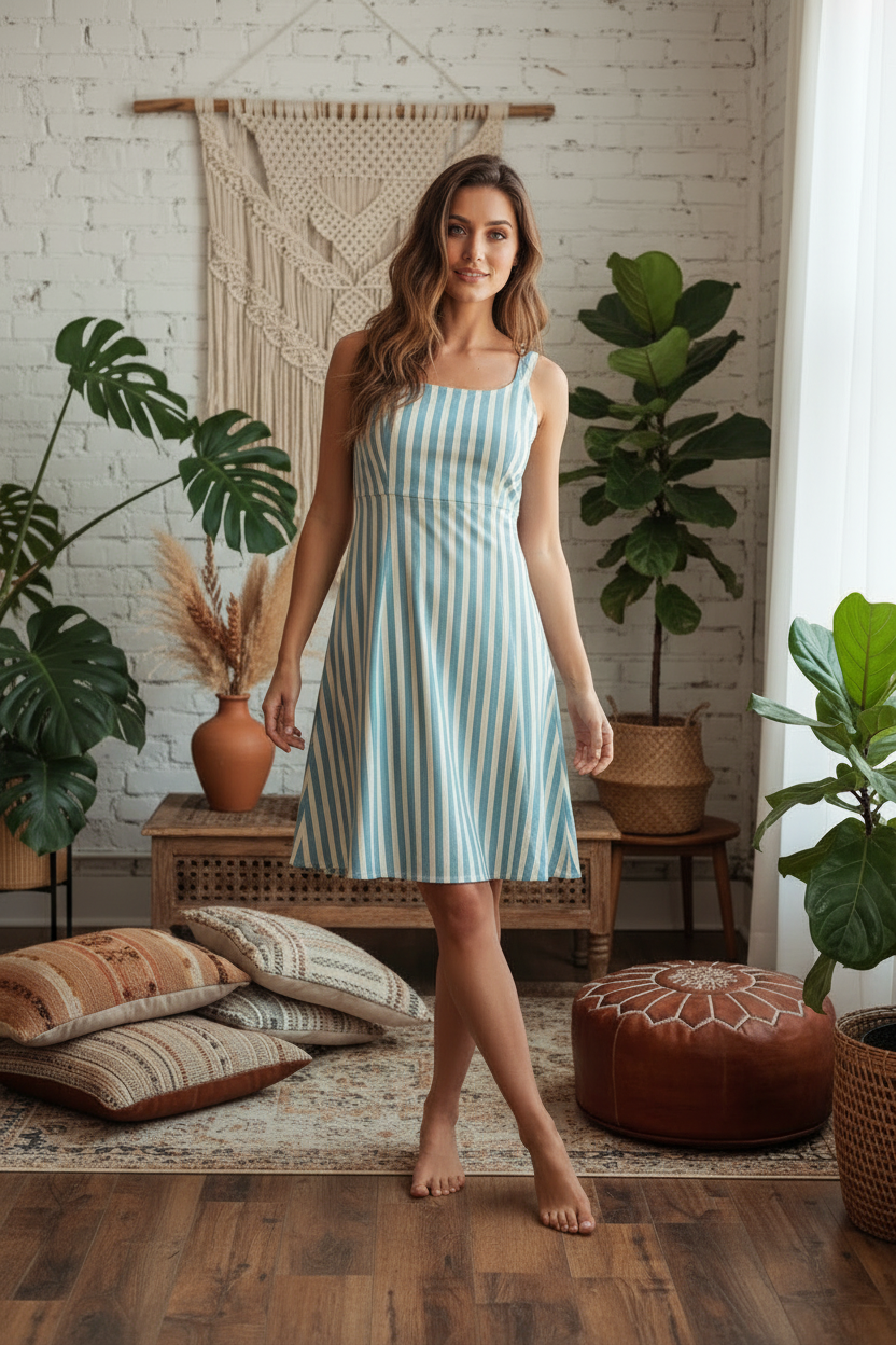 LuLaRoe Navy Cross Back Dress with Side Seam Pockets • Blue Cream Vertical Stripe