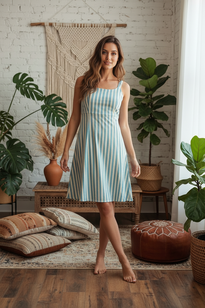 LuLaRoe Navy Cross Back Dress with Side Seam Pockets • Blue Cream Vertical Stripe