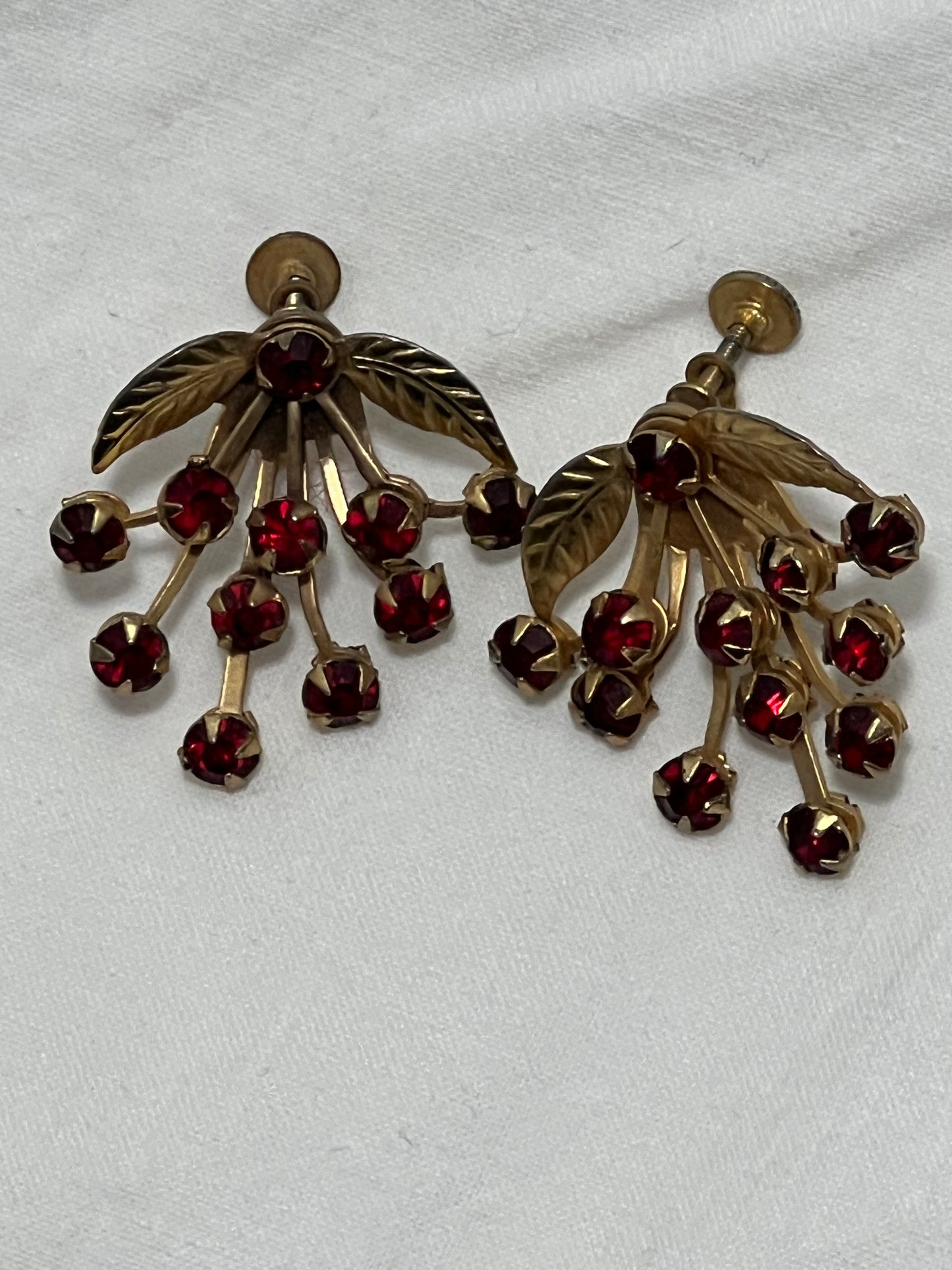 Vintage • Gold Tone Leaf • Garnet Rhinestone • Screw Back Earrings