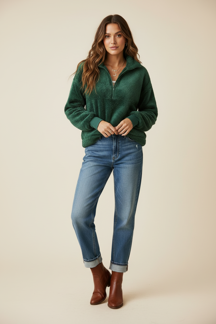 LuLaRoe Nancy Half Zip Pullover with Side Pockets • Solid Botanical Garden Green
