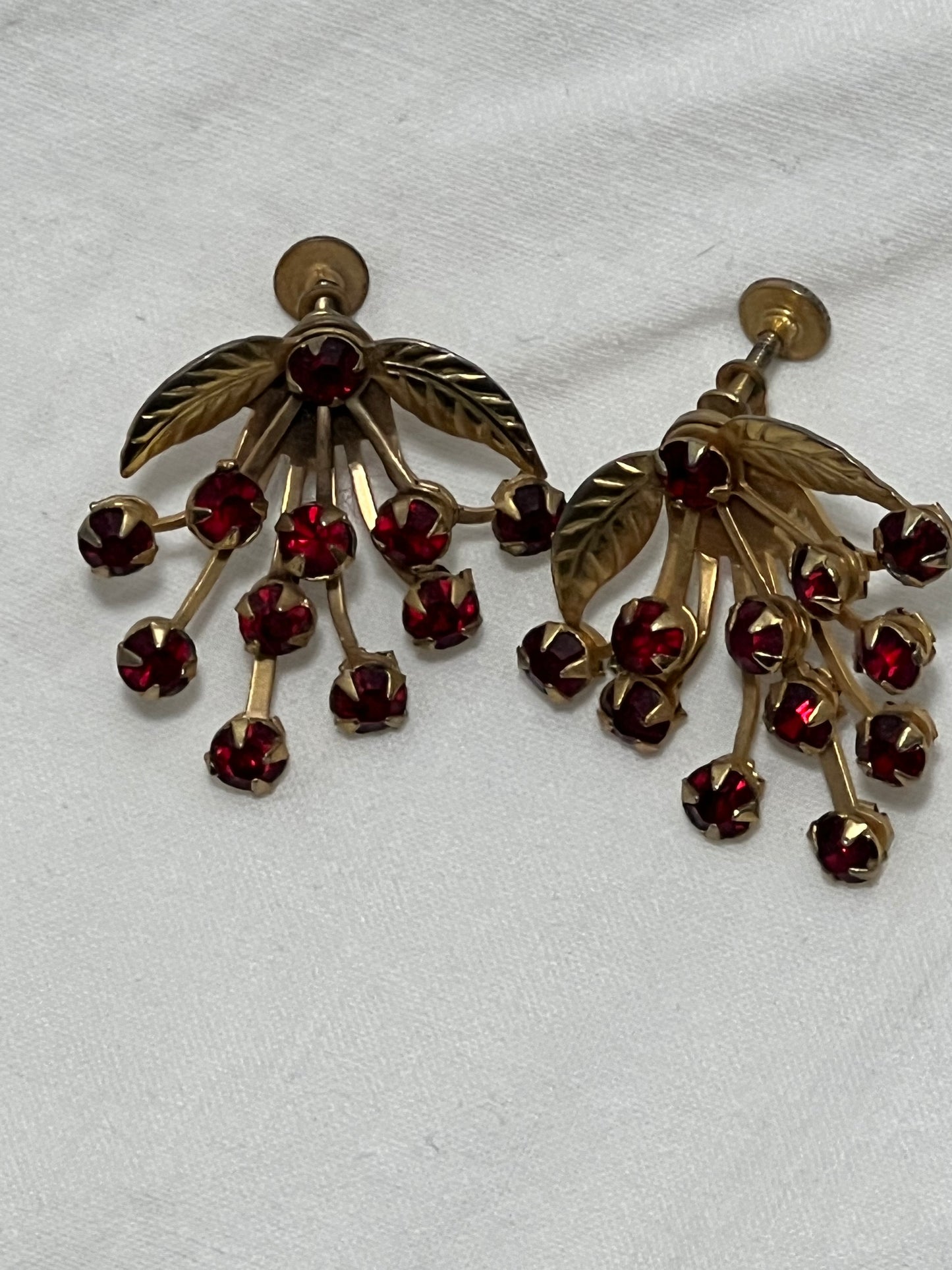 Vintage • Gold Tone Leaf • Garnet Rhinestone • Screw Back Earrings