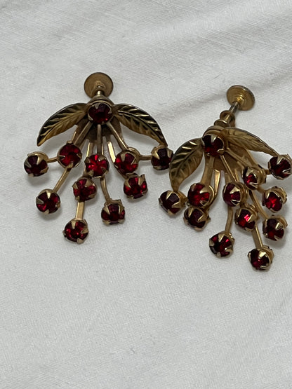 Vintage • Gold Tone Leaf • Garnet Rhinestone • Screw Back Earrings