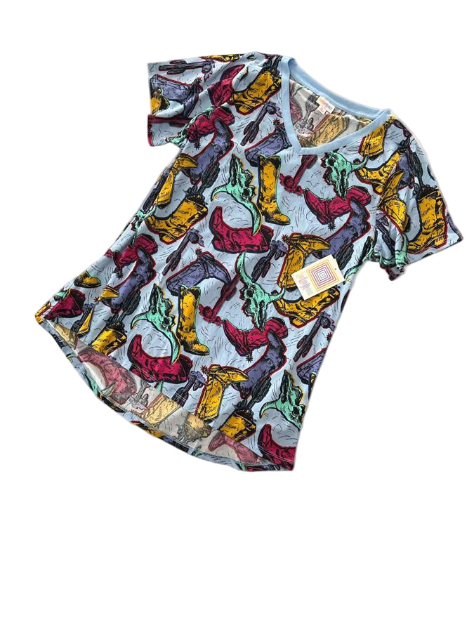LuLaRoe Christie T. Cowboy boots.