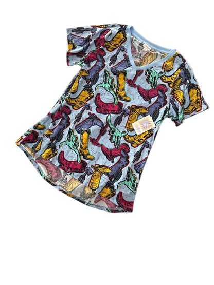 LuLaRoe Christie T. Cowboy boots.