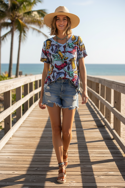 LuLaRoe • V-Neck Christy Tee • Vintage • Rare Print • Cowboy Boots