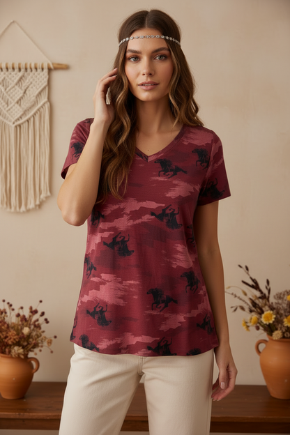 LuLaRoe • V-Neck Christy Tee • Vintage • Camouflage Horses • Rare Print