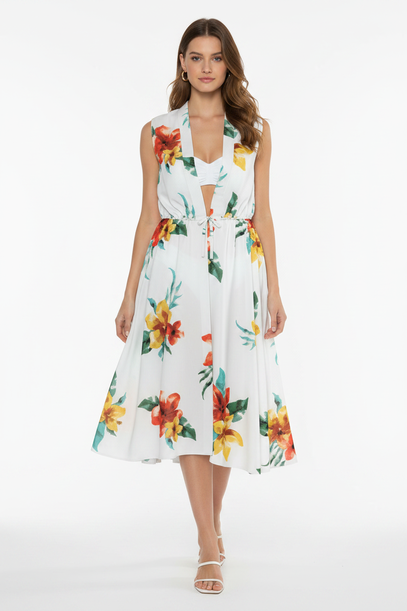 LuLaRoe Resort Breezy Chiffon Overlay • White Red Yellow Tropical Floral
