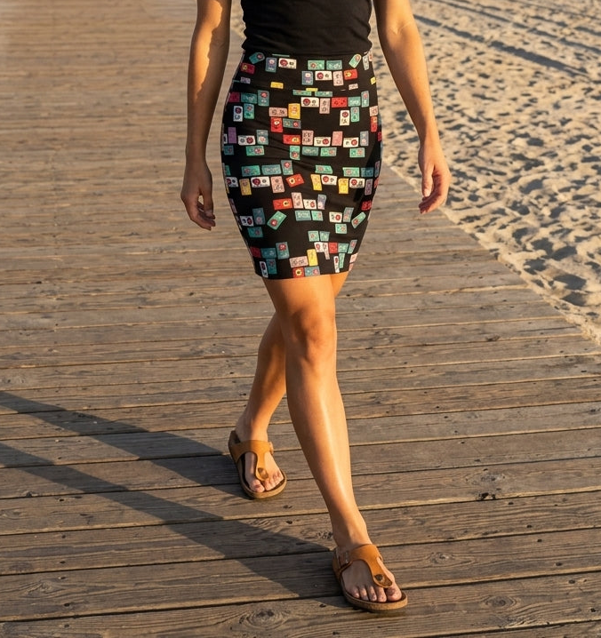 LuLaRoe Cassie Pencil Skirt • Vintage • Rare Cassette Tape Print on Black Background