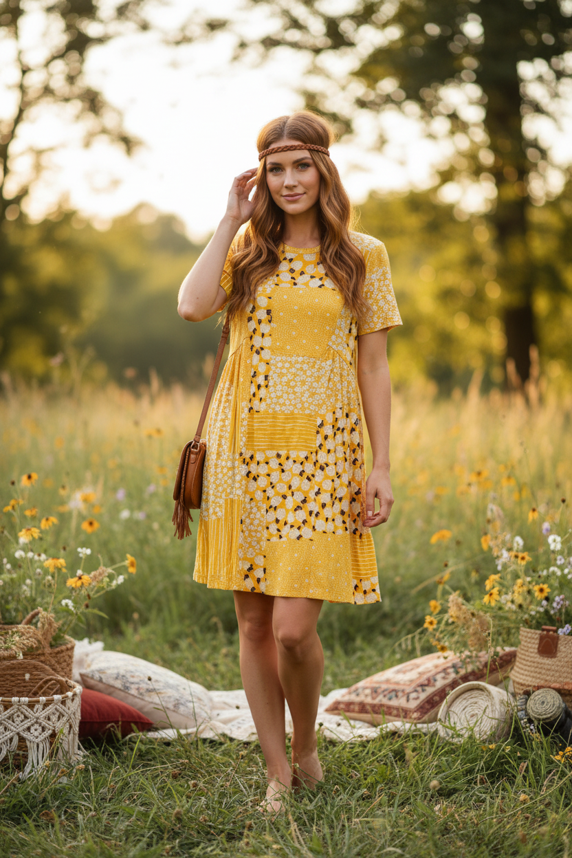 LuLaRoe Monica Princess Seam Dress • Boho Chic • Yellow White Floral