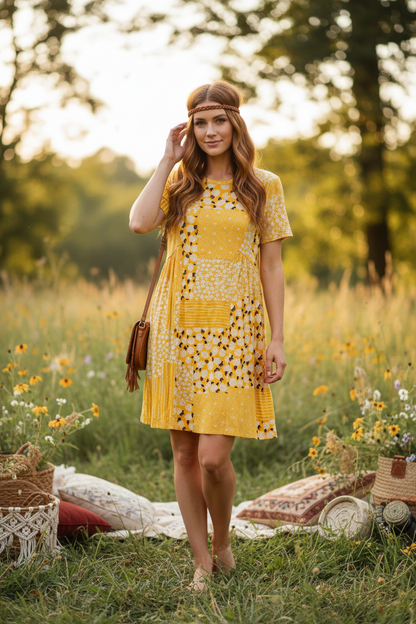 LuLaRoe Monica Princess Seam Dress • Boho Chic • Yellow White Floral