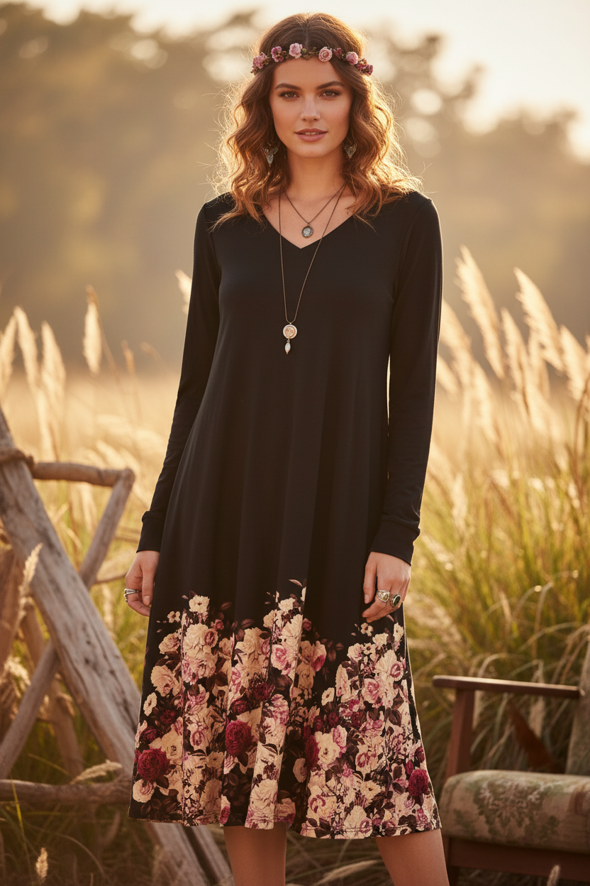 LuLaRoe Emily • Boho Vibes • Vintage • Dipped • Long Sleeve Swing Dress