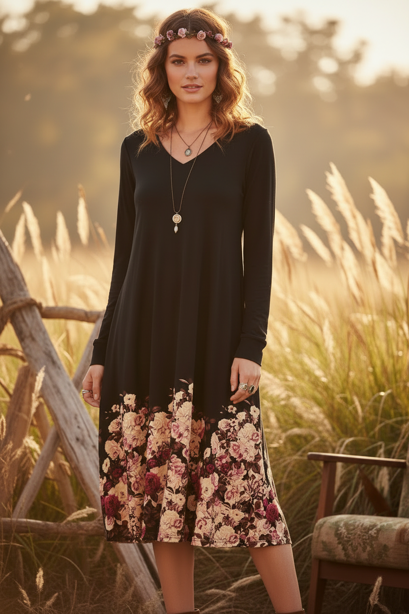 LuLaRoe Emily • Boho Vibes • Vintage • Dipped • Long Sleeve Swing Dress