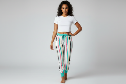 LuLaRoe Jax Joggers • Side Pockets  • Cuffed Ankles • Elastic and Drawstring Waist • White Mint Pink Black Vertical Stripe