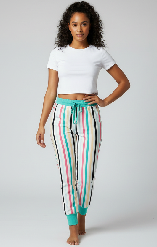 LuLaRoe Jax Joggers • Side Pockets  • Cuffed Ankles • Elastic and Drawstring Waist • White Mint Pink Black Vertical Stripe