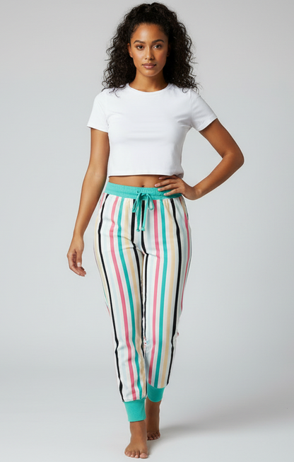 LuLaRoe Jax Joggers • Side Pockets  • Cuffed Ankles • Elastic and Drawstring Waist • White Mint Pink Black Vertical Stripe
