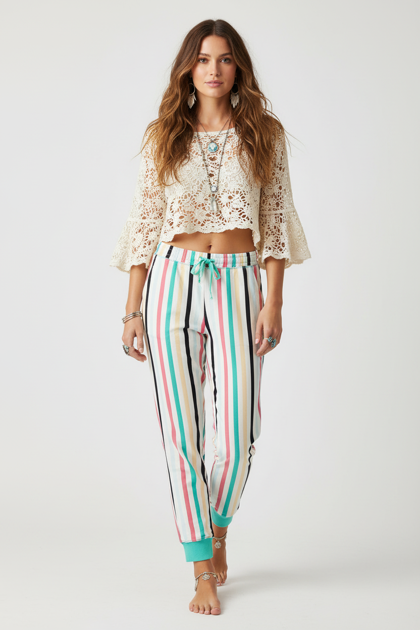 LuLaRoe Jax Joggers • Side Pockets  • Cuffed Ankles • Elastic and Drawstring Waist • White Mint Pink Black Vertical Stripe