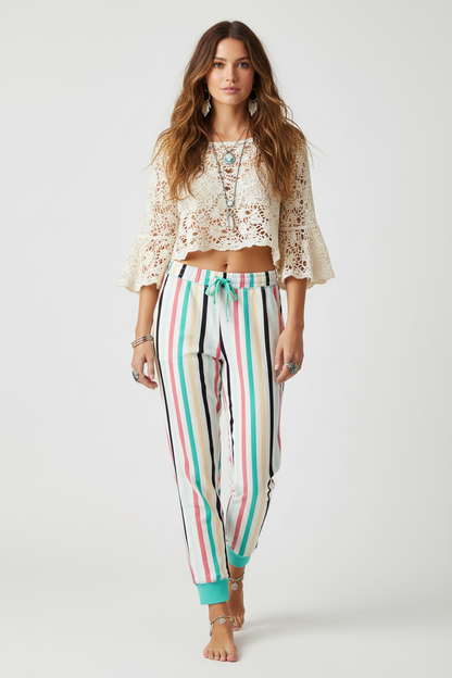 LuLaRoe Jax Joggers • Side Pockets  • Cuffed Ankles • Elastic and Drawstring Waist • White Mint Pink Black Vertical Stripe