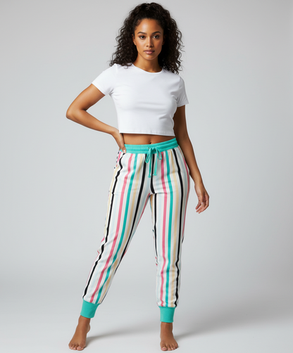 LuLaRoe Jax Joggers • Side Pockets  • Cuffed Ankles • Elastic and Drawstring Waist • White Mint Pink Black Vertical Stripe