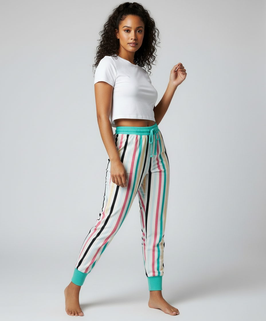 LuLaRoe Jax Joggers • Side Pockets  • Cuffed Ankles • Elastic and Drawstring Waist • White Mint Pink Black Vertical Stripe