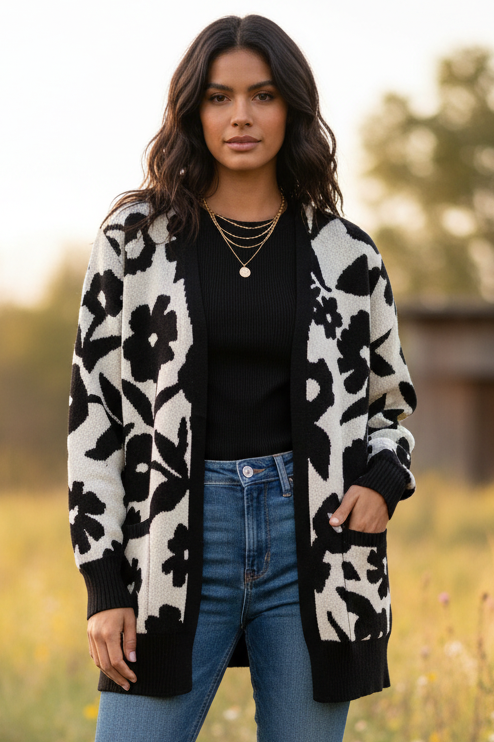 LuLaRoe Peyton • Open Front Cardigan • Boho Style • Ivory Black Floral