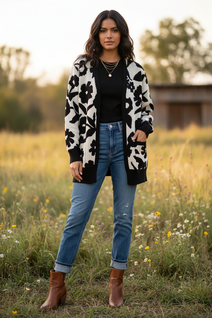 LuLaRoe Peyton • Open Front Cardigan • Boho Style • Ivory Black Floral