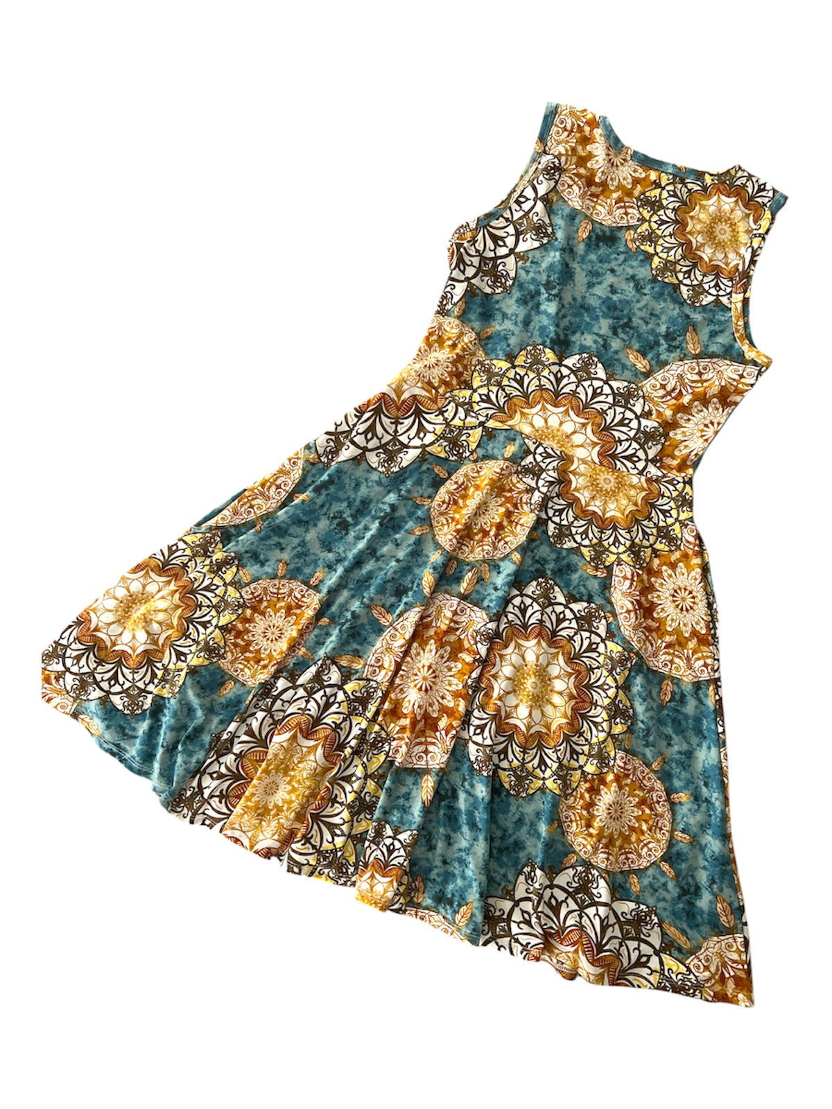 NWOT • Nicki • A-Line • Sleeveless • Fit and Flare Dress • Blue and Gold  Mandala Print