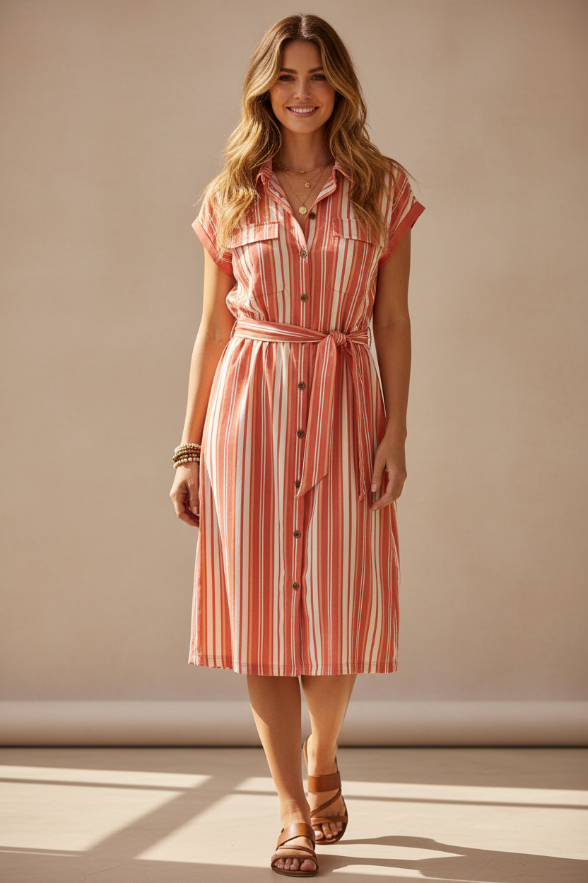 Stacie Shirt Dress - Coral White Vertical Stripe
