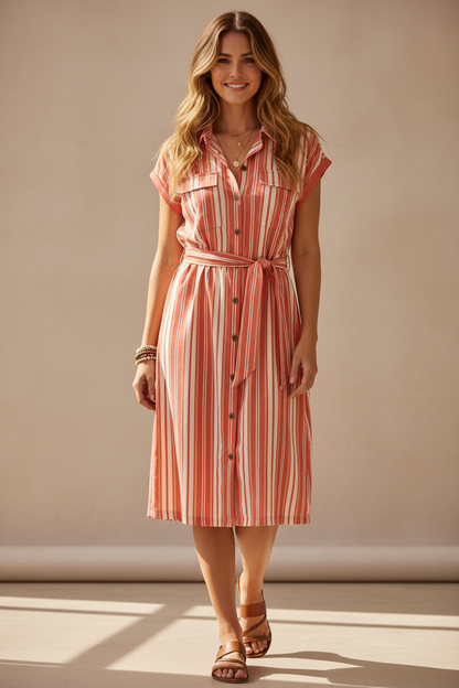 Stacie Shirt Dress - Coral White Vertical Stripe