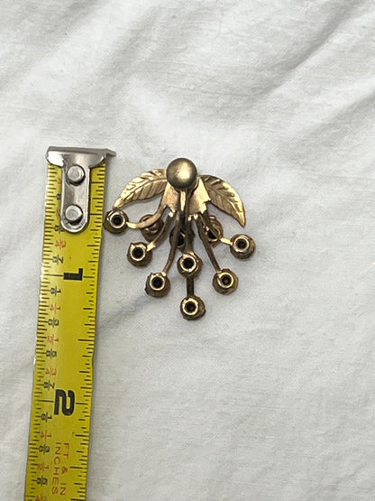 Vintage • Gold Tone Leaf • Garnet Rhinestone • Screw Back Earrings