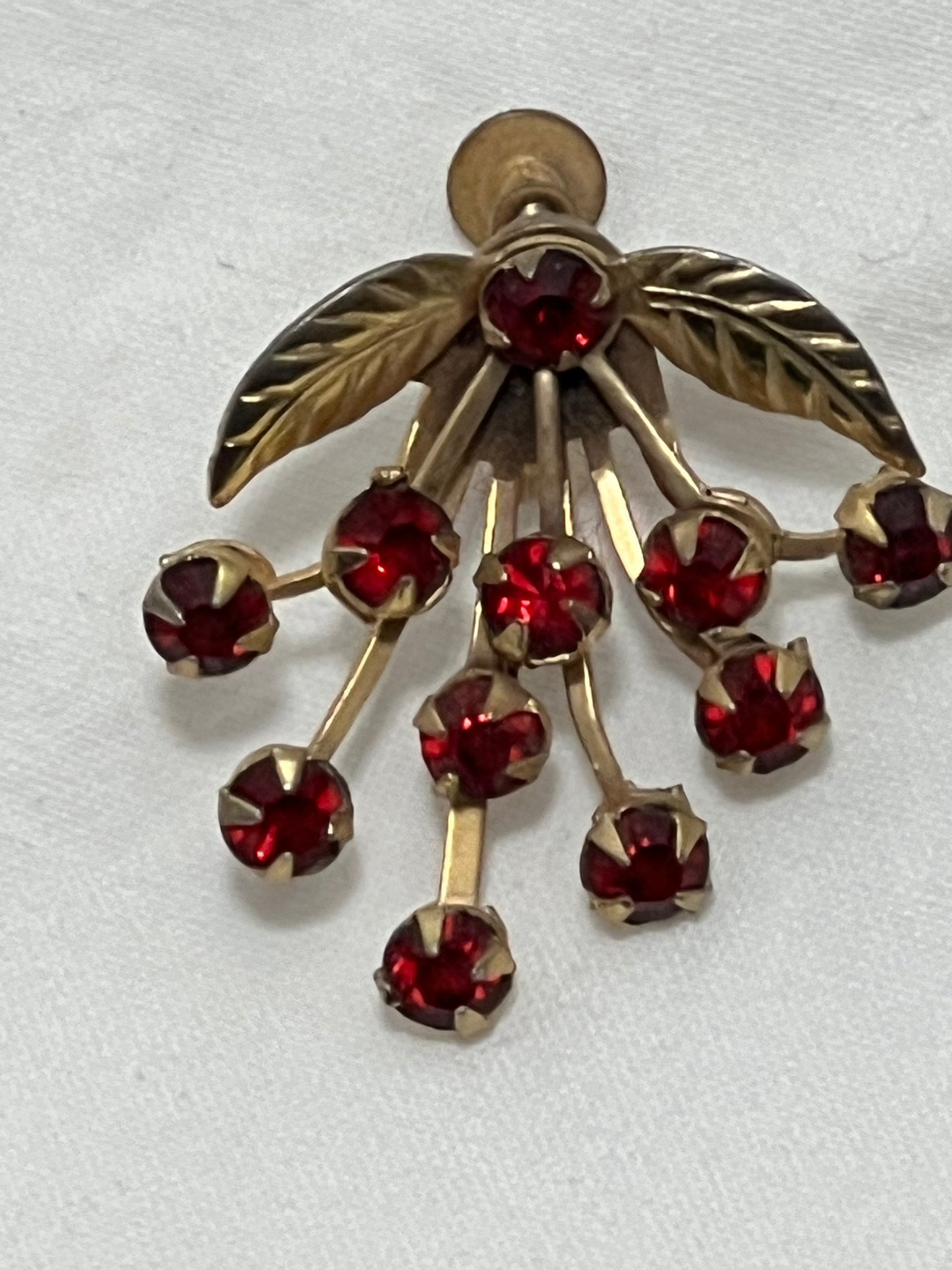 Vintage • Gold Tone Leaf • Garnet Rhinestone • Screw Back Earrings