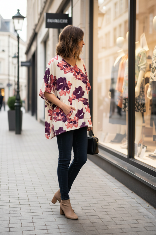 LuLaRoe Shelby V-Neck Poncho • Kangaroo  Pocket • Beige Red Purple Floral