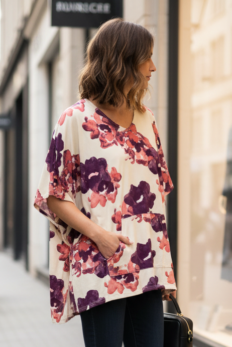 LuLaRoe Shelby V-Neck Poncho • Kangaroo  Pocket • Beige Red Purple Floral