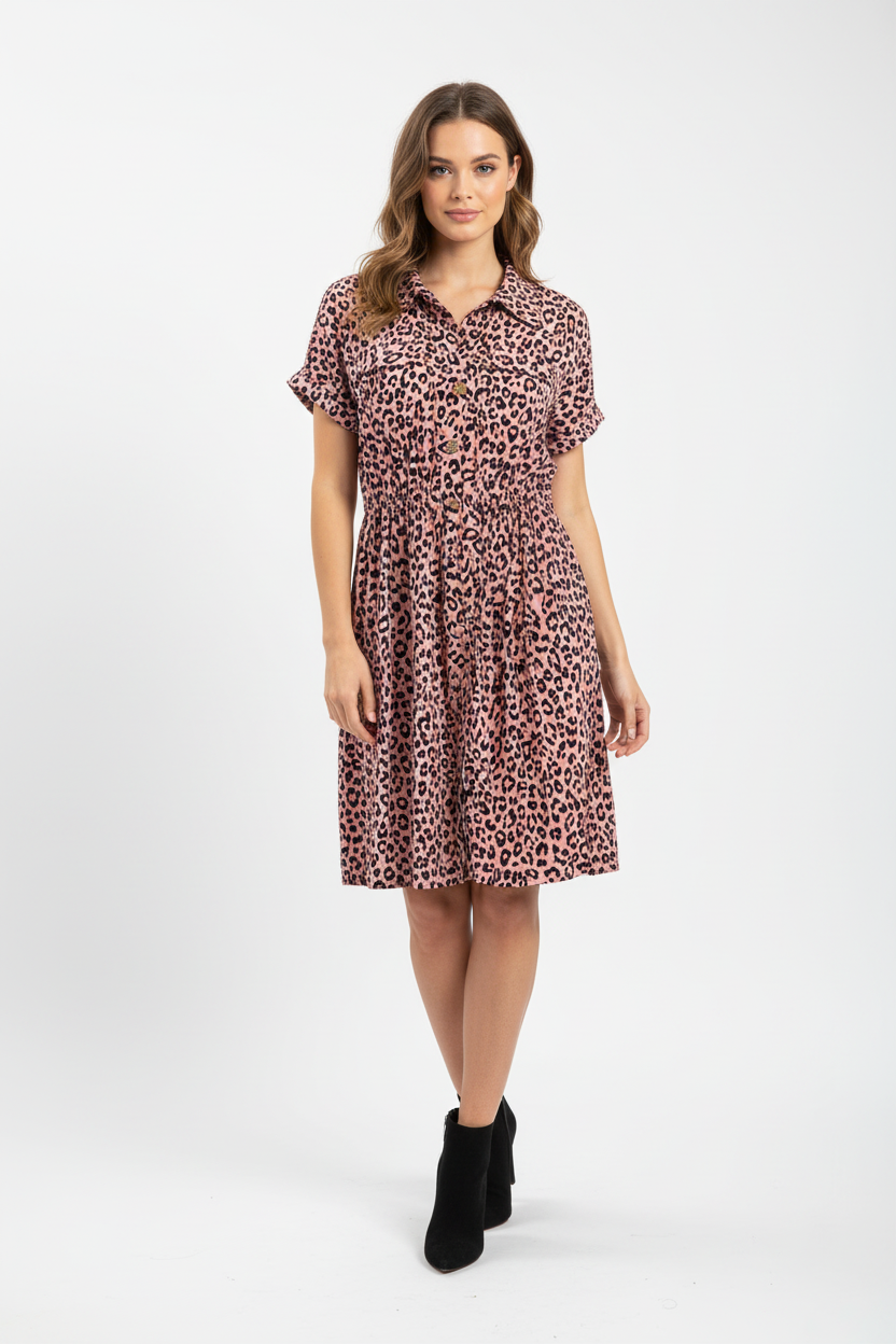Stacie Shirt Dress - Pink Black Cheetah Print