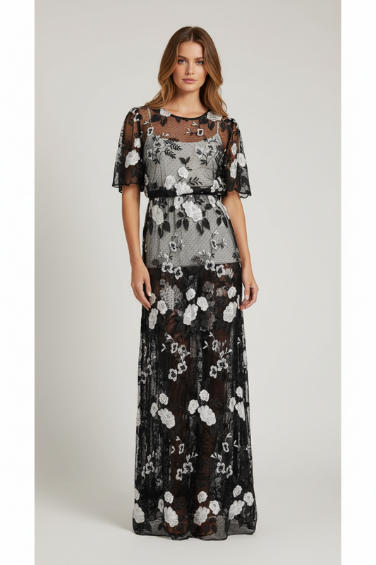 LuLaRoe Vintage Deanne II Sheer Overlay Dress • Rare Black with White Roses Print