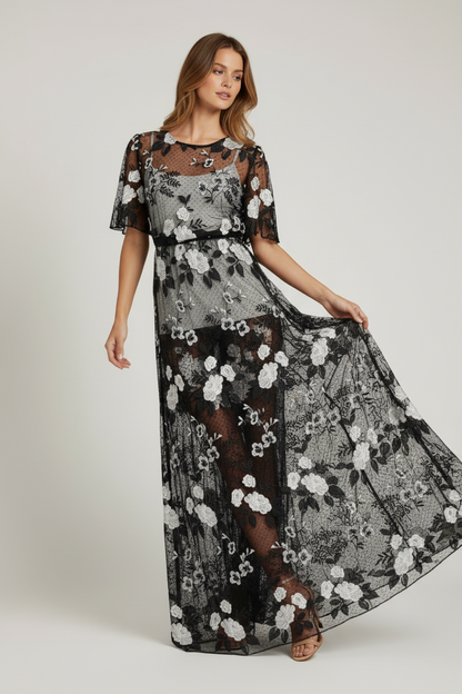 LuLaRoe Vintage Deanne II Sheer Overlay Dress • Rare Black with White Roses Print