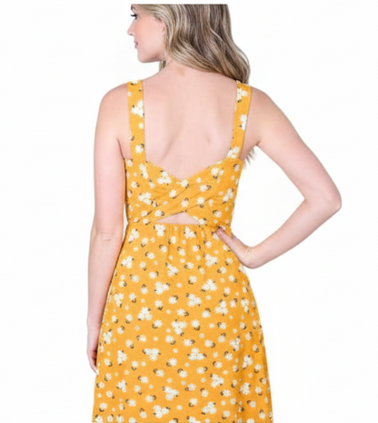 LuLaRoe Navy Cross Back Dress with Side Seam Pockets • Yellow White Floral