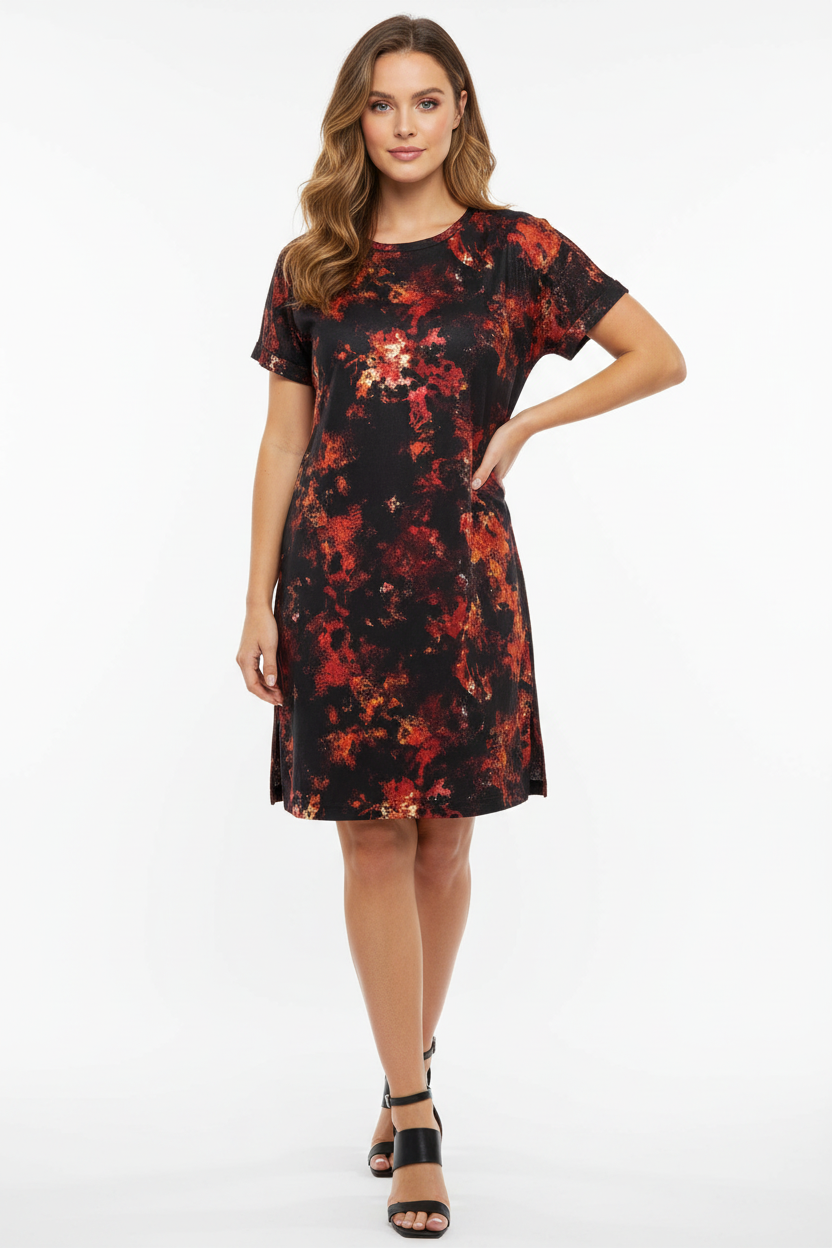 LuLaRoe Chelsea T Shirt Dress • Crêpe Moss Fabric • Step Hemline • Black and Red Tie Dye