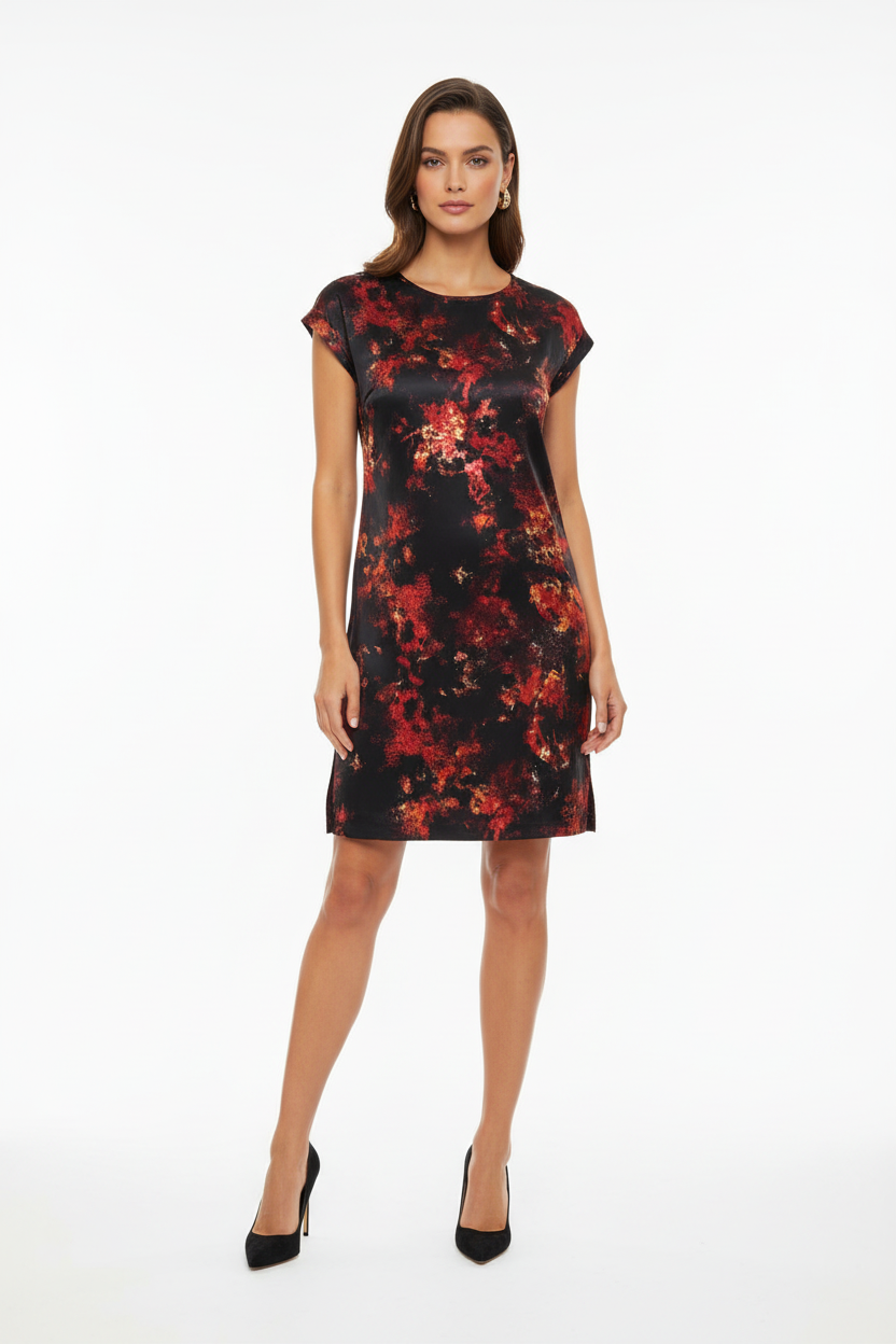LuLaRoe Chelsea T Shirt Dress • Crêpe Moss Fabric • Step Hemline • Black and Red Tie Dye